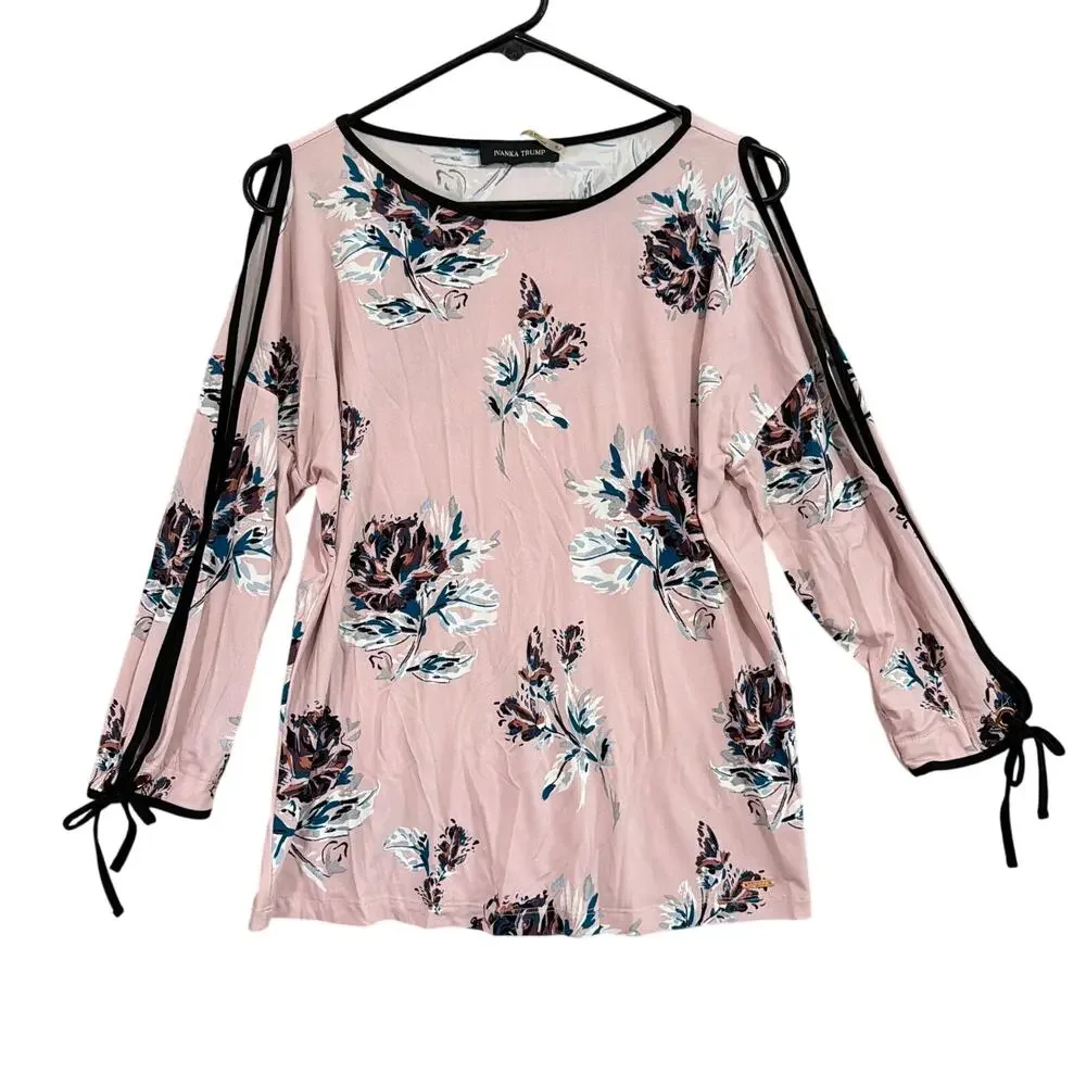 Ivanka Trump Womens Blouse Pink Cold Shoulder Floral Open Sleeve Stretch Small